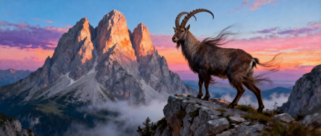 Triglav in kozorog v jutranjem svitu